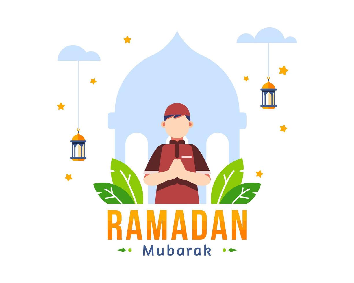 ramadan kareem salutation fond avec musulman jeune garçon priant vecteur
