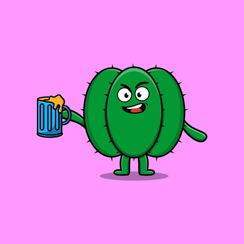 personnage de dessin animé mignon cactus avec verre à bière vecteur