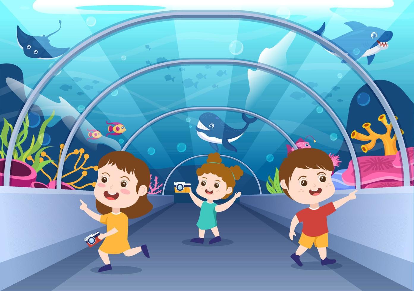modèle d'aquarium illustration plate de dessin animé dessiné à la main avec des enfants regardant des poissons sous-marins, une variété d'animaux marins, la flore et la faune marines vecteur