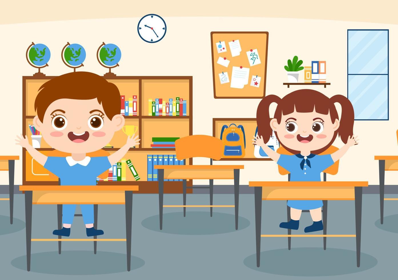 école primaire avec de mignons petits élèves qui étudient en classe dans un modèle d'illustration de dessin animé plat dessiné à la main vecteur