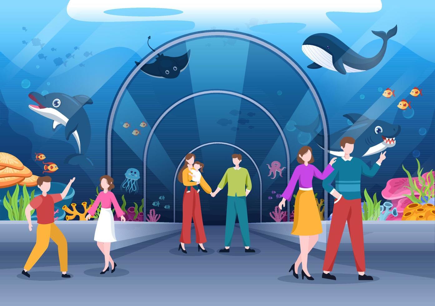 modèle d'aquarium illustration plate de dessin animé dessiné à la main avec la famille et les enfants regardant les poissons sous-marins, la variété des animaux marins, la flore et la faune marines vecteur
