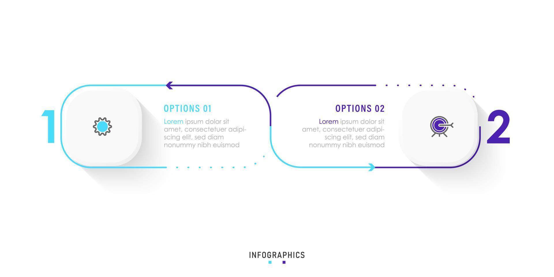 modèle de conception d'étiquettes infographiques vectorielles avec icônes et 2 options ou étapes. peut être utilisé pour le diagramme de processus, les présentations, la mise en page du flux de travail, la bannière, l'organigramme, le graphique d'informations. vecteur