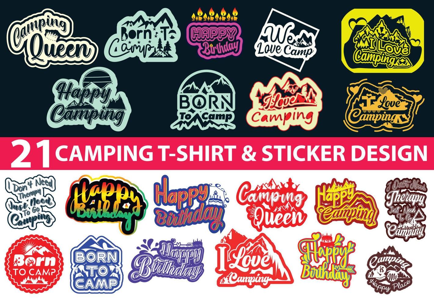 camping, t-shirt joyeux anniversaire et ensemble de modèles de conception d'autocollants vecteur