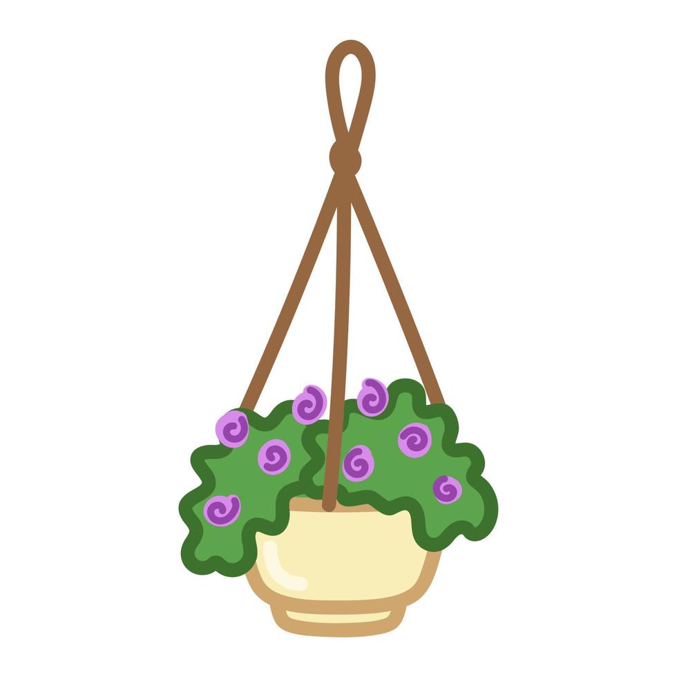 cache-pot suspendu avec des fleurs violettes. illustration dessinée à la main en style cartoon. vecteur isolé sur fond blanc.