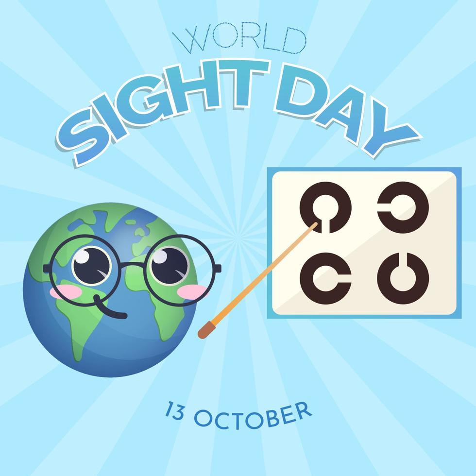 journée mondiale de la vue. pointeur de maintien de la terre. symboles de test oculaire. affiche de vecteur sur fond bleu.