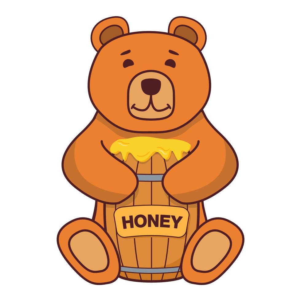 miel d'ours brun. vecteur d'illustration plat. un concept pour les livres pour enfants. personnage de dessin animé animal. tonneau en bois. icône de jouet bébé ourson.