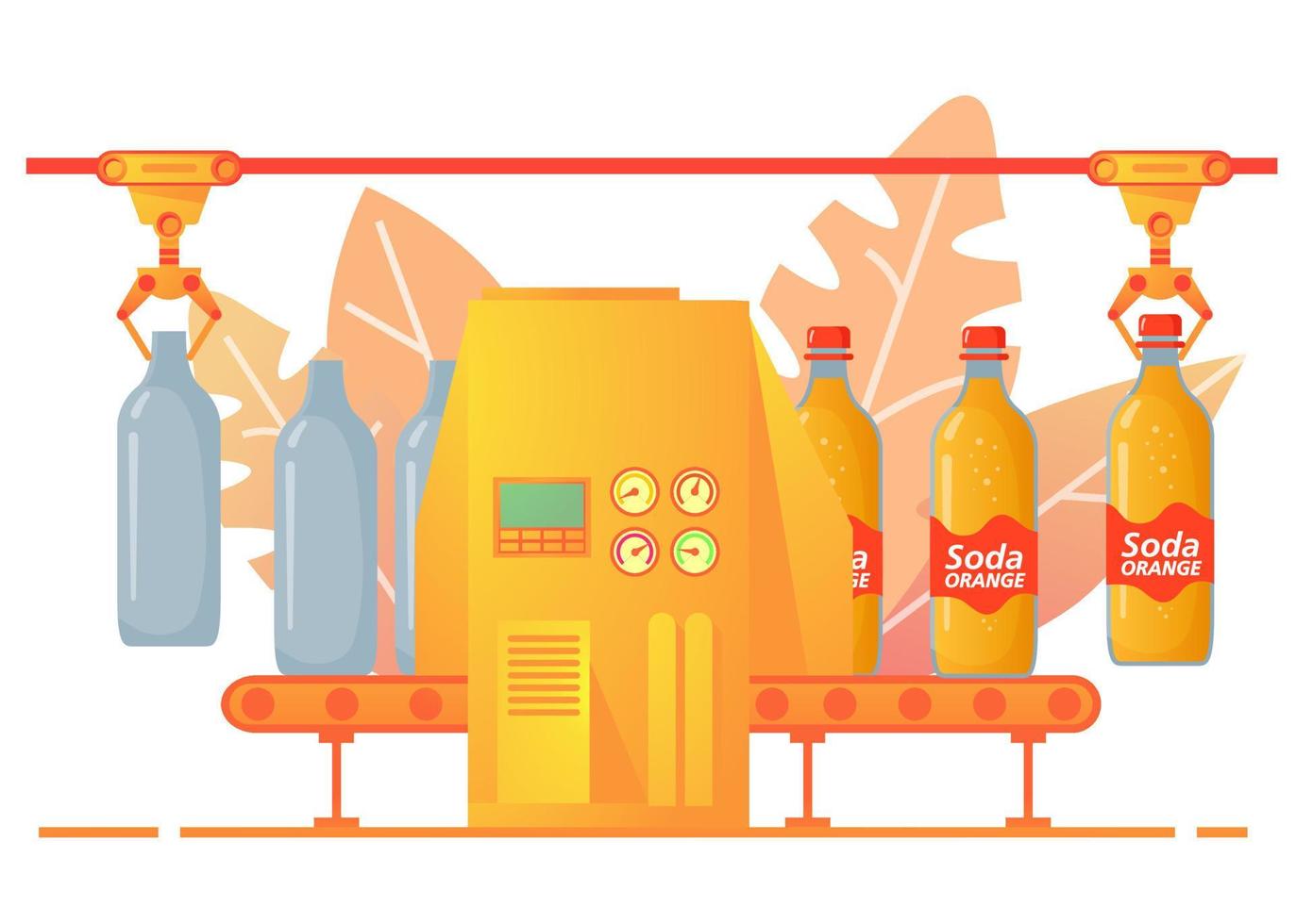 tapis roulant d'emballage soda .eau pétillante douce.beverage limonade douce orange et citron de bouteilles en verre.production d'usine boissons gazeuses. vecteur d'illustration plat.