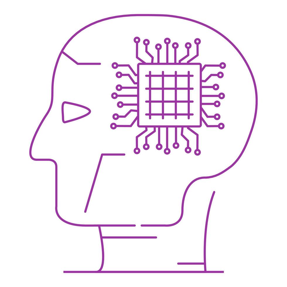 ai, intelligence artificielle, technologie. puce de processeur de micropuce à ligne mince. tête de robot avec engrenages. contour isolé de vecteur. icône linéaire. vecteur