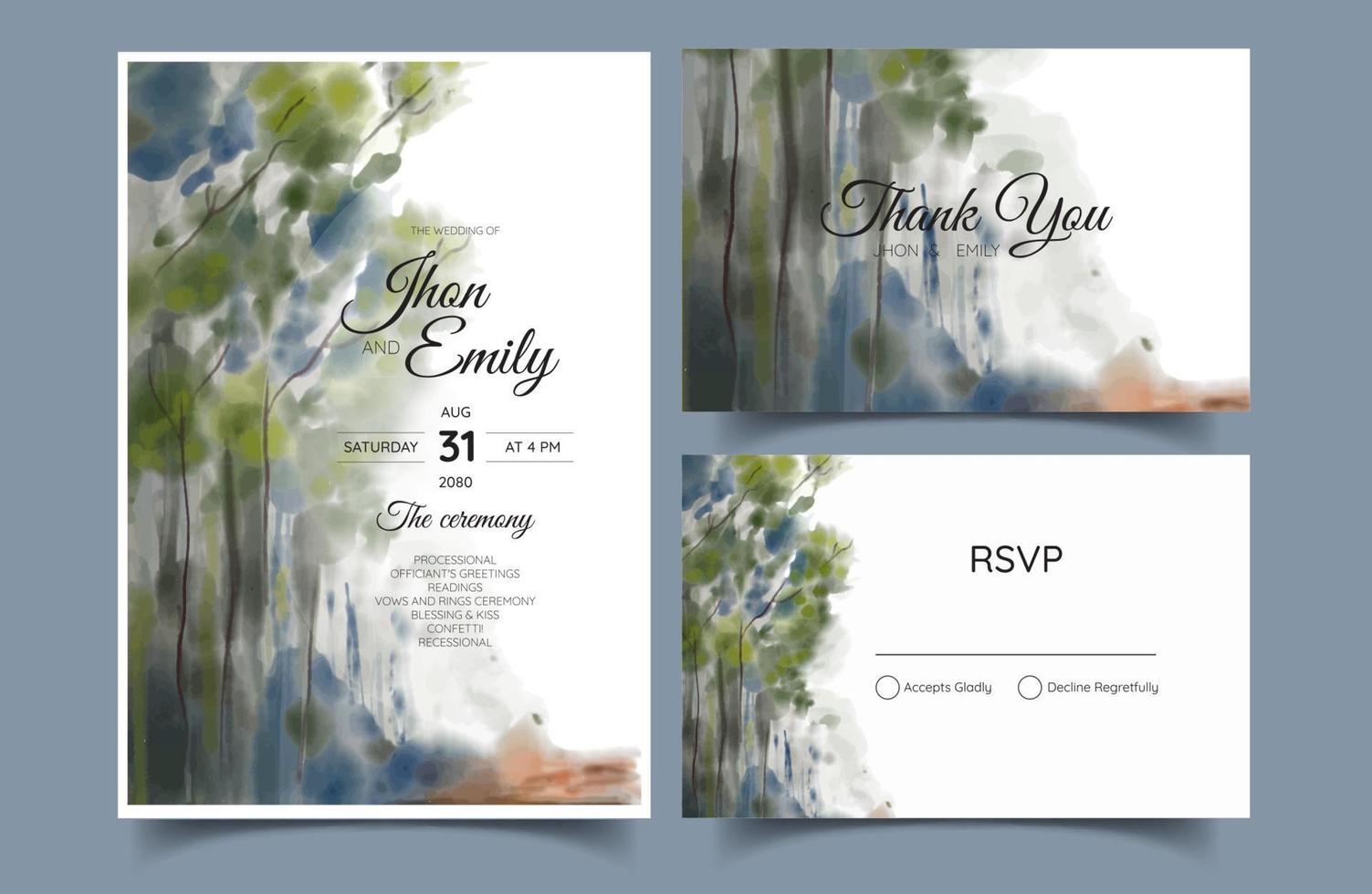 invitations de mariage, montagnes aquarelles, forêt vecteur