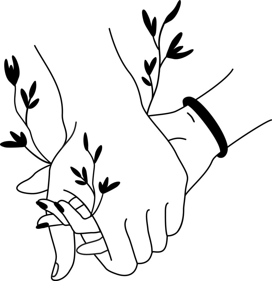 poignée de main romantique. deux mains. dessin au trait touche romantique de paumes d'amoureux, symbole de convivialité et de sécurité, illustration vectorielle concept de convivialité et de sécurité vecteur