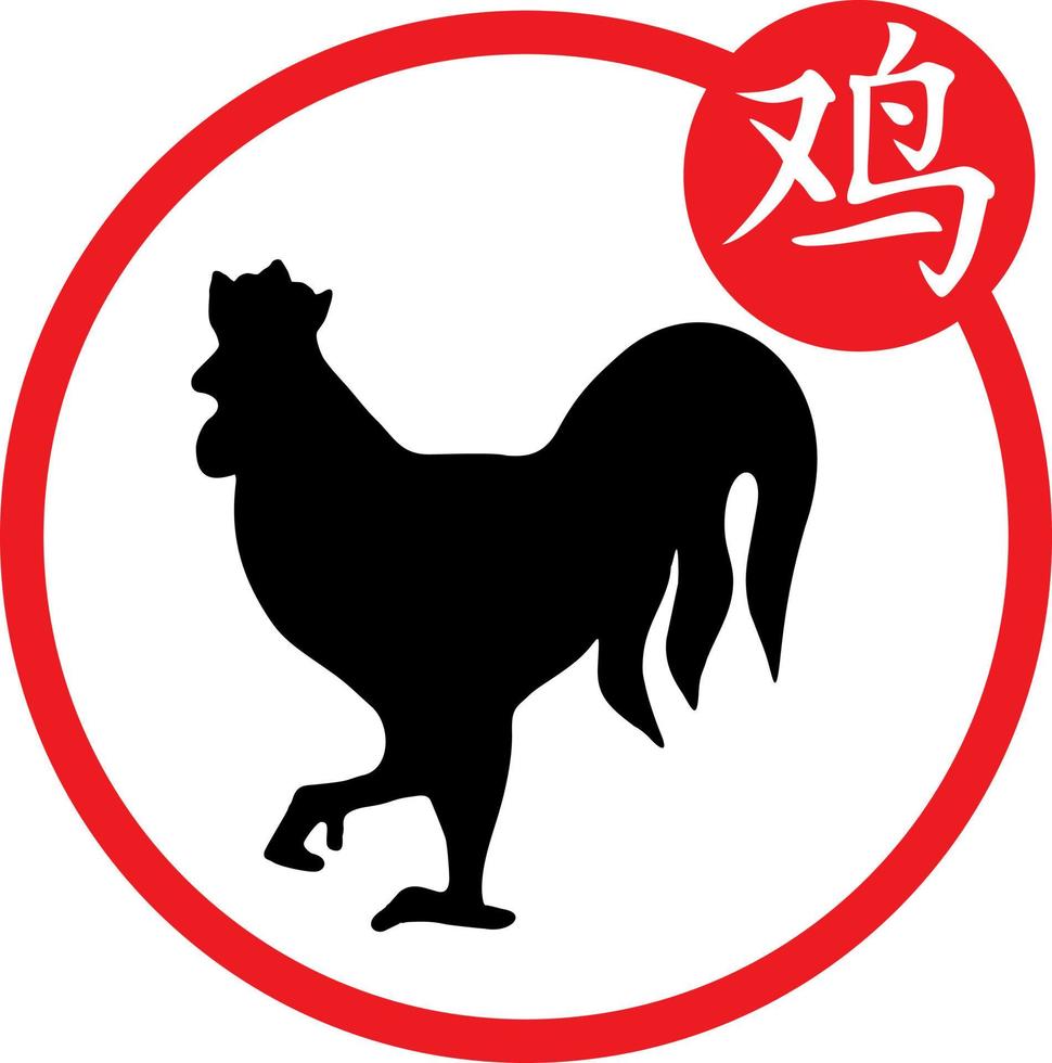 année civile chinoise des silhouettes de coq. symbole du nouvel an asiatique et caractère chinois. le hiéroglyphe sous l'image correspondante. symbole de l'horoscope chinois vecteur