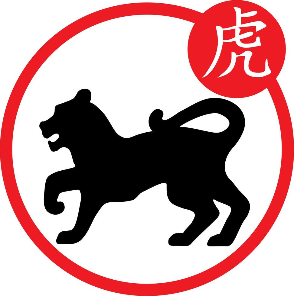 silhouettes de tigre de l'année civile chinoise. symbole du nouvel an asiatique et caractère chinois. le hiéroglyphe sous l'image correspondante. symbole de l'horoscope chinois vecteur