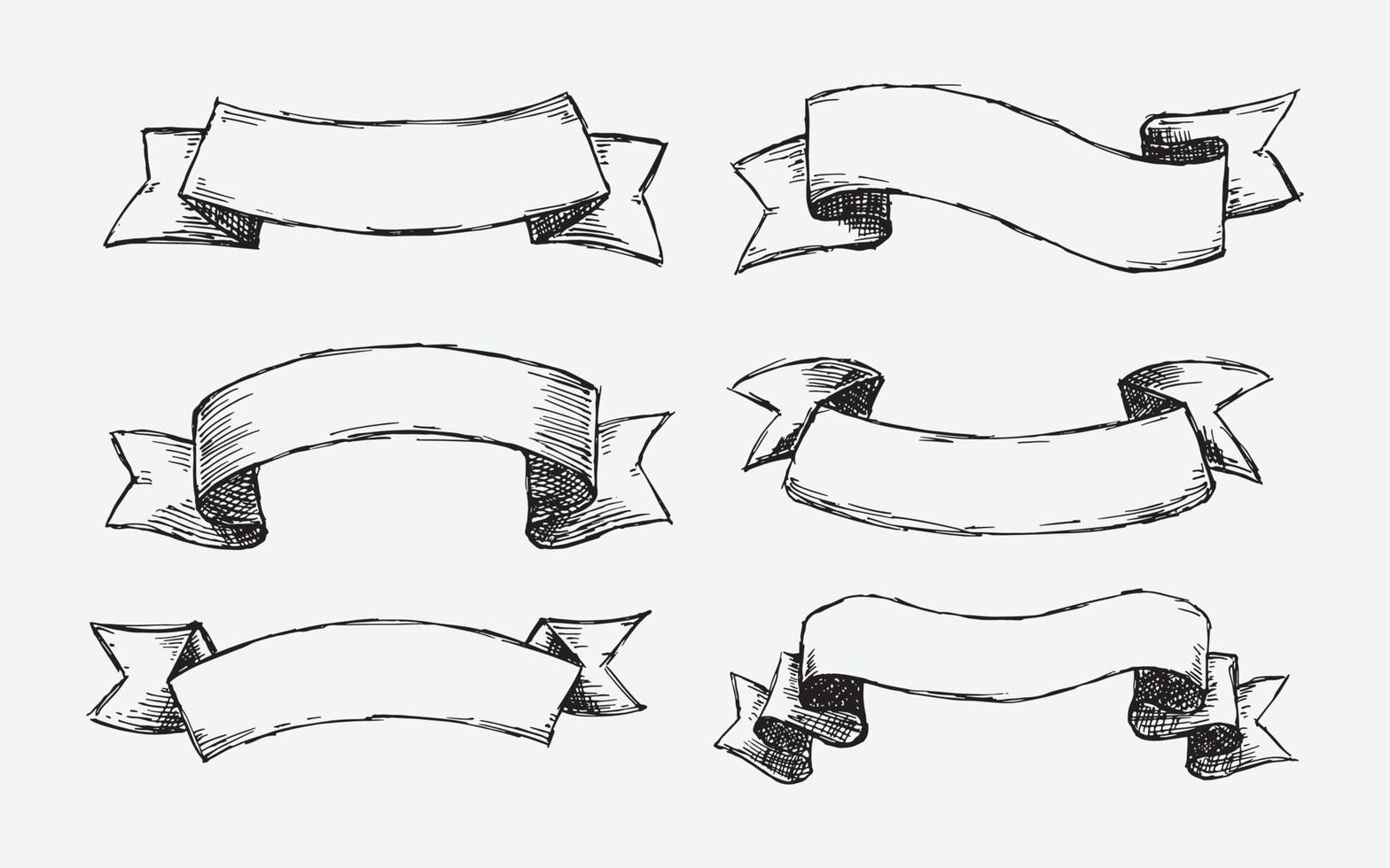 ensemble dessiné à la main de différents rubans. éléments de conception pour cartes de voeux, bannières, invitations. croquis, illustration vectorielle vecteur