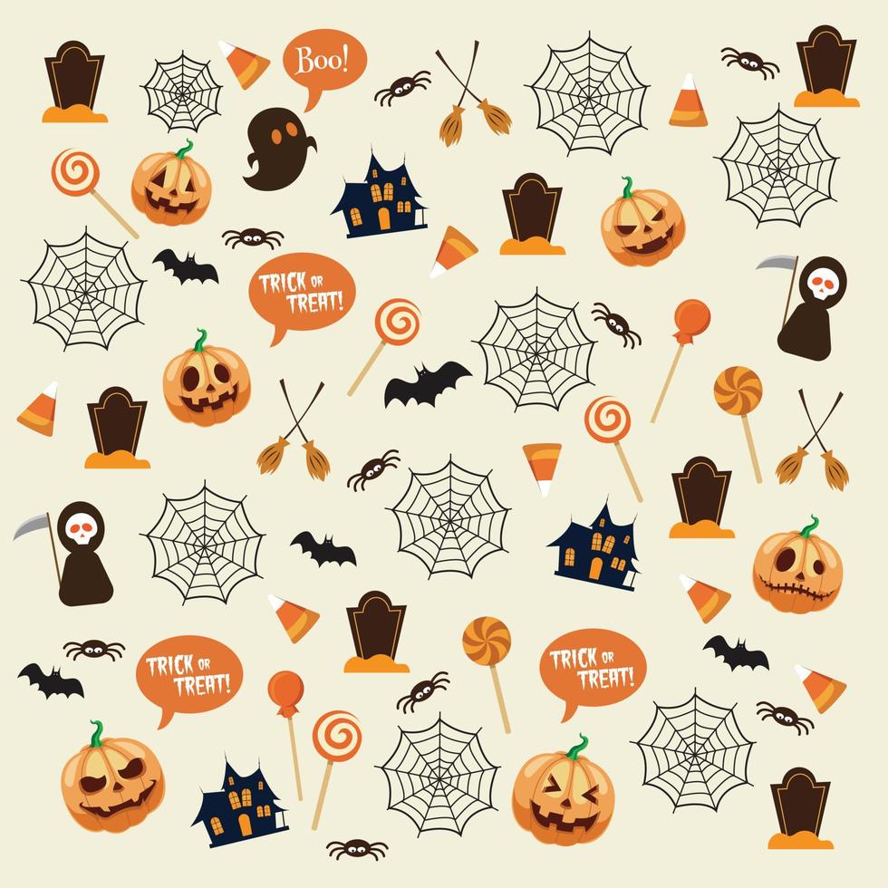 modèle d'halloween avec des citrouilles mignonnes, des fantômes, des chauves-souris, des bonbons, une moissonneuse, une araignée et une illustration vectorielle de maison hantée vecteur
