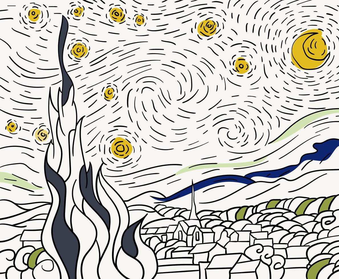 La nuit étoilée 1889 de Vincent Van Gogh - Coloriages difficiles pour adultes vecteur