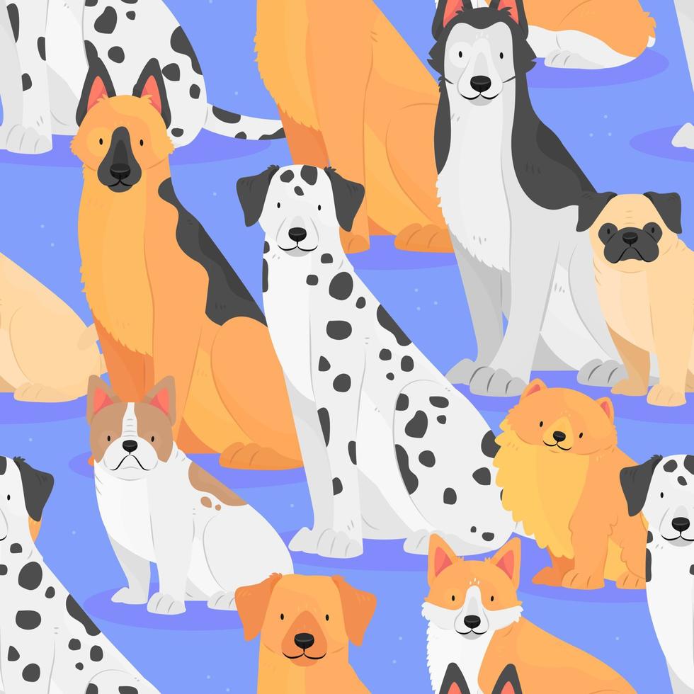 modèle sans couture avec des chiens de différentes races sur fond bleu. chiens assis dans un style plat de dessin animé. fond d'illustration vectorielle. vecteur