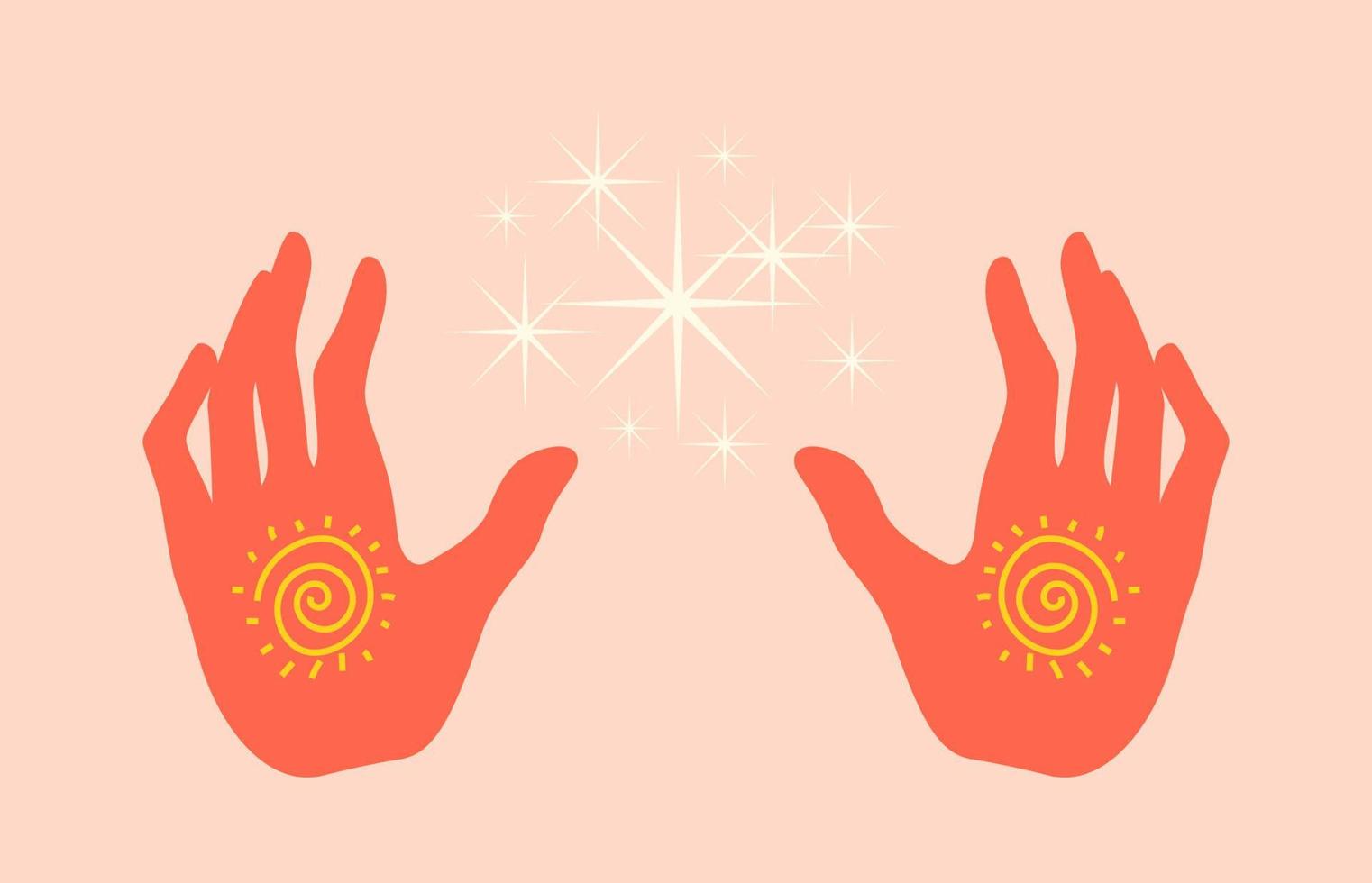 silhouette de mains de guérison isolée. mains colorées dessinées rayonnant d'énergie de guérison. illustration vectorielle de mains chaudes ouvertes dans un style plat. vecteur