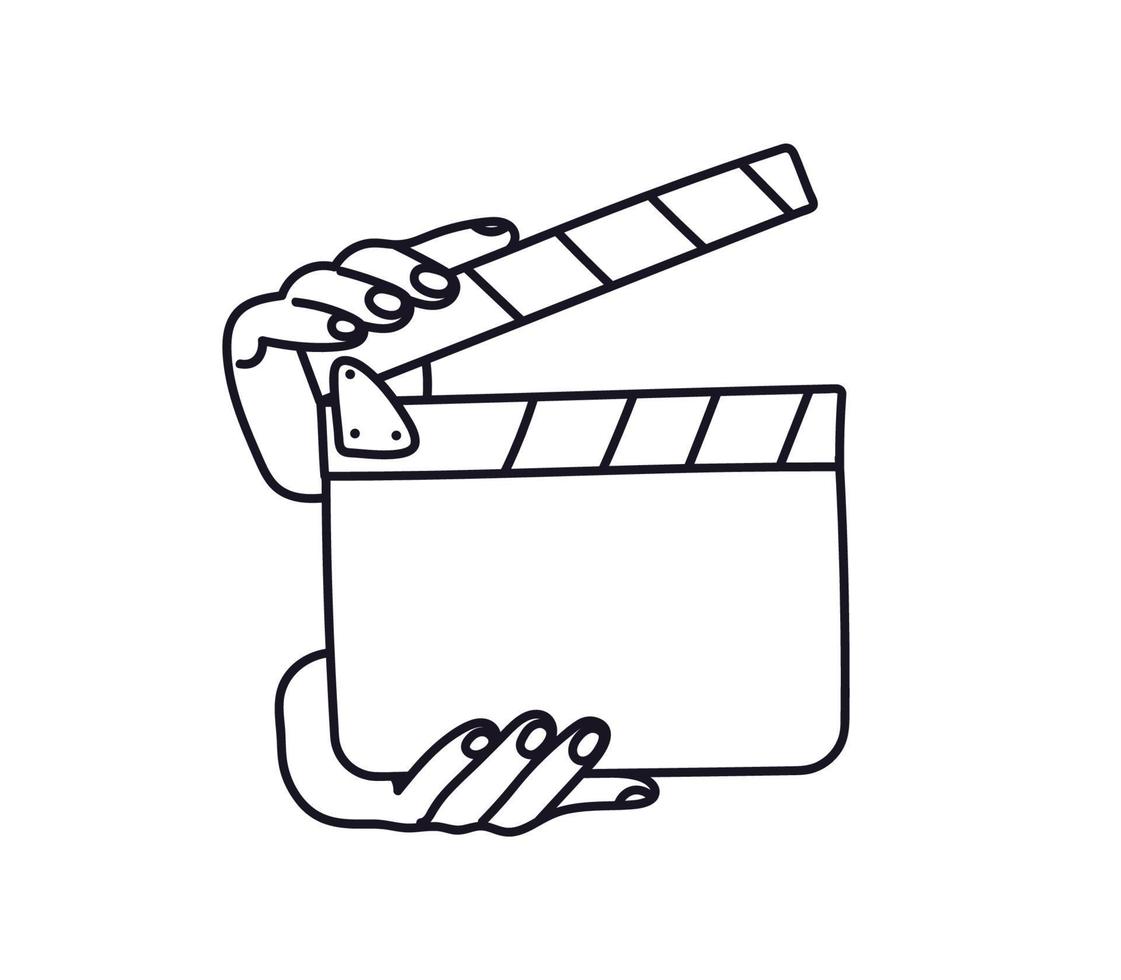 doodle clap ouvert dans les mains du contour. illustration vectorielle dessinée à la main du clap de film isolé sur fond blanc. outil de cinématographie de dessin animé noir sur blanc. vecteur