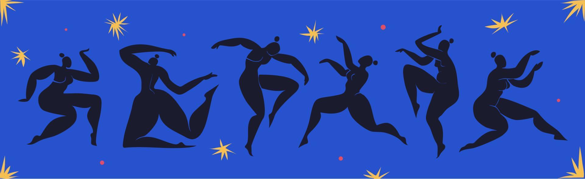Matisse a inspiré les danseuses. ensemble de silhouettes féminines découpées sur fond bleu avec des étoiles. femmes courbes abstraites découpées en noir. illustration vectorielle inspirée de matisse. vecteur