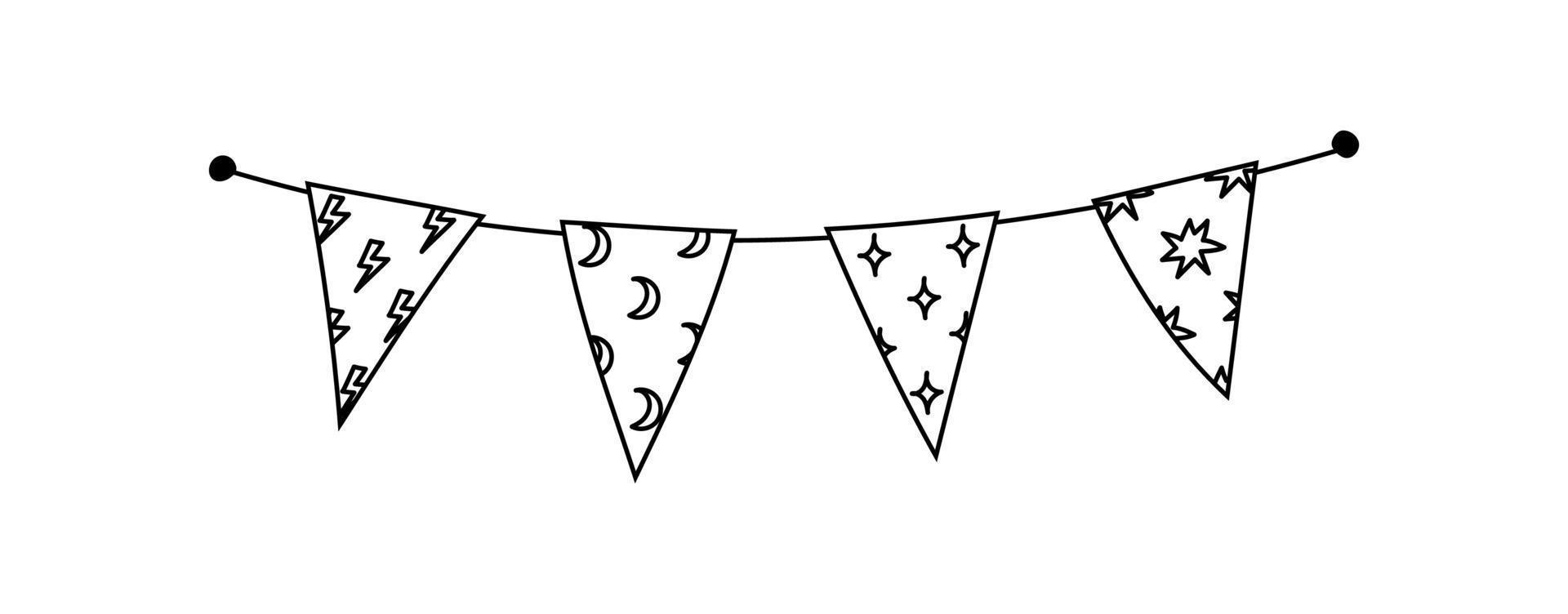 guirlande de drapeaux triangulaires aux différents motifs. drapeau bunting doodle avec éclair, croissant et étoiles. illustration vectorielle noir sur blanc d'un drapeau banderole sur un contour isolé de chaîne. vecteur