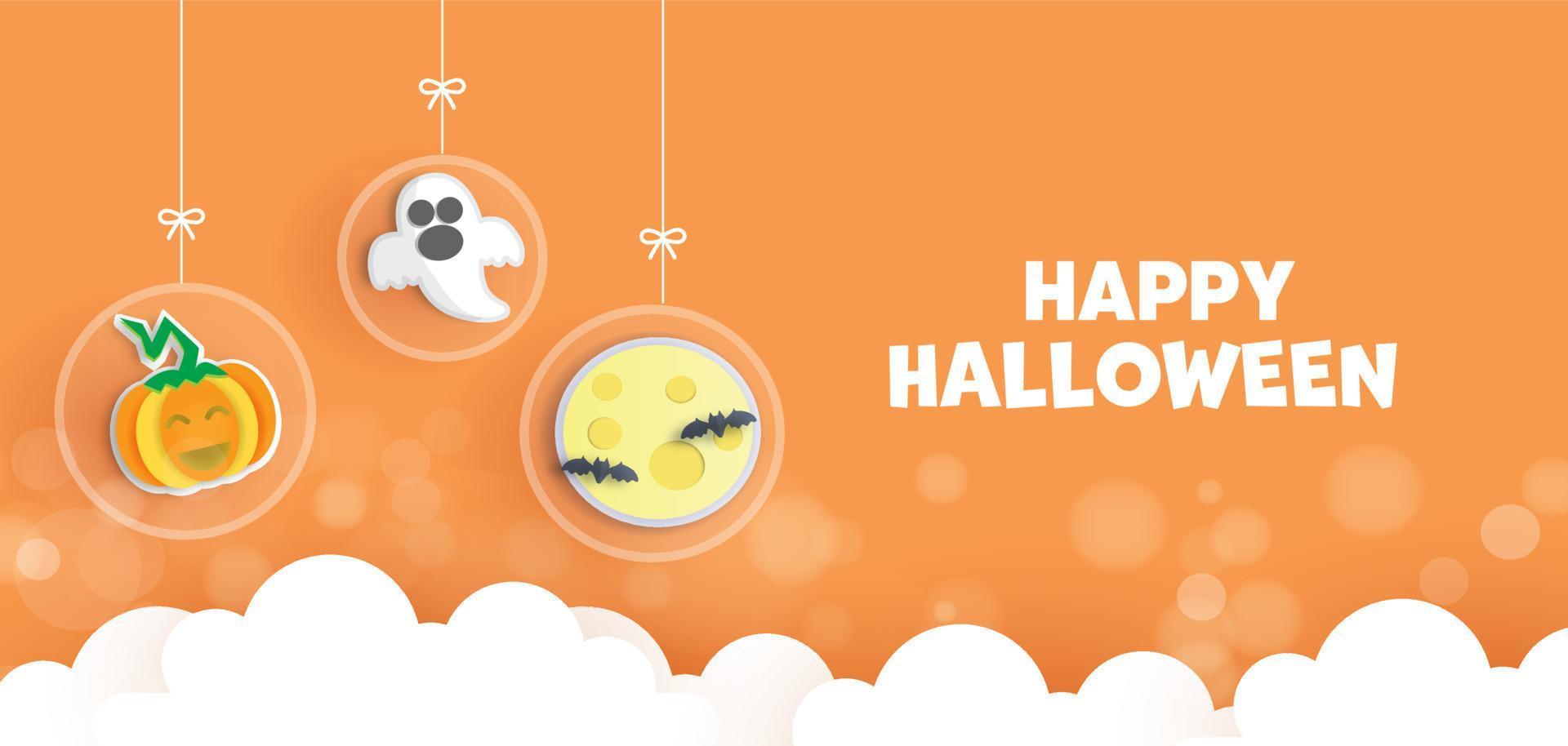 bannière d'halloween heureux dans un style papier découpé avec une jolie citrouille et un fantôme. vecteur