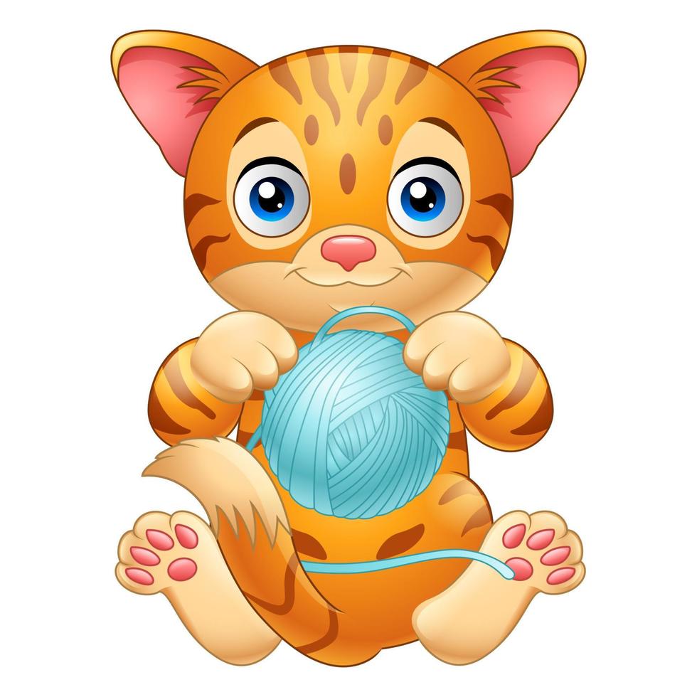 dessin animé bébé chat jouant avec une pelote de laine bleue vecteur