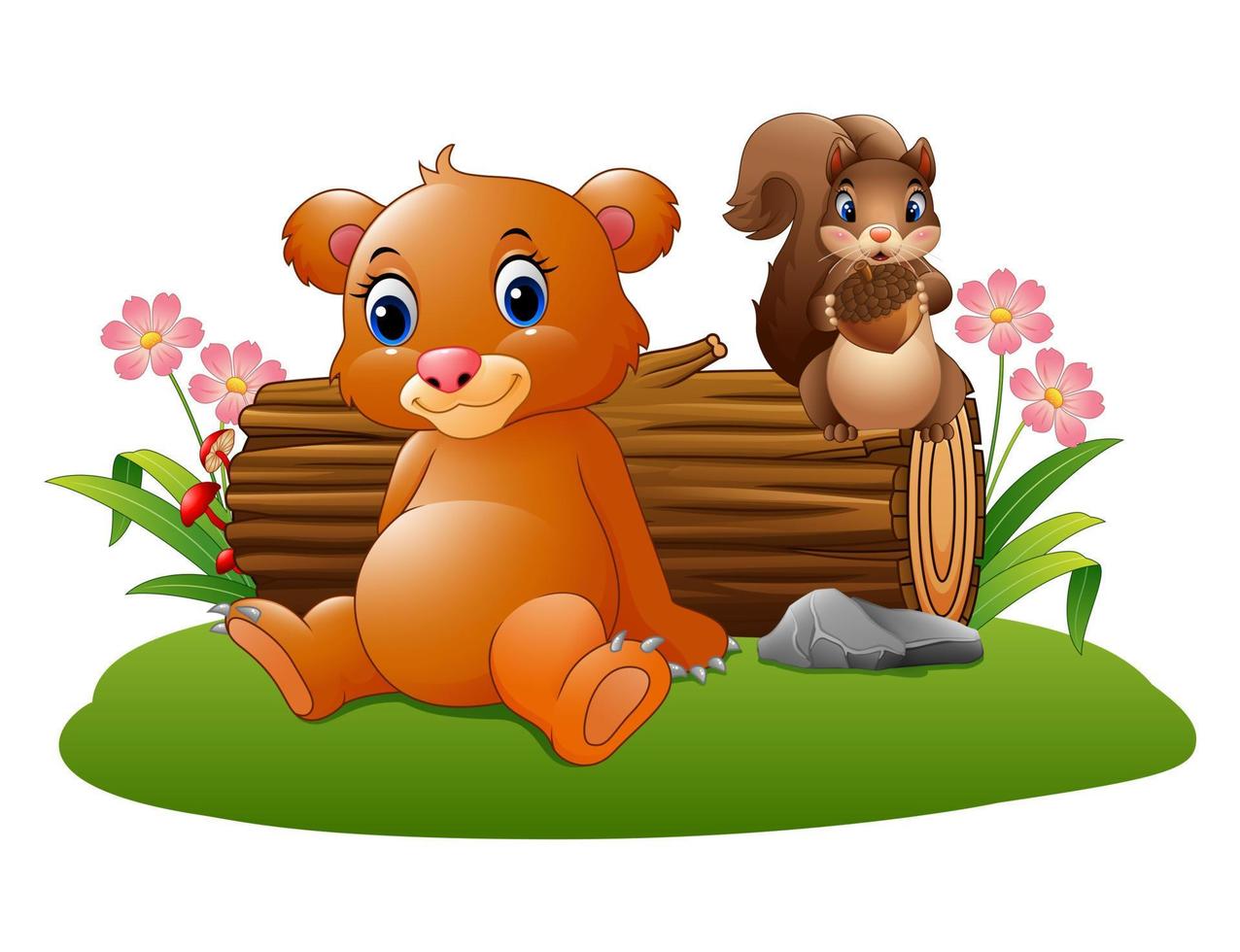 dessin animé bébé ours brun avec écureuil dans la forêt vecteur