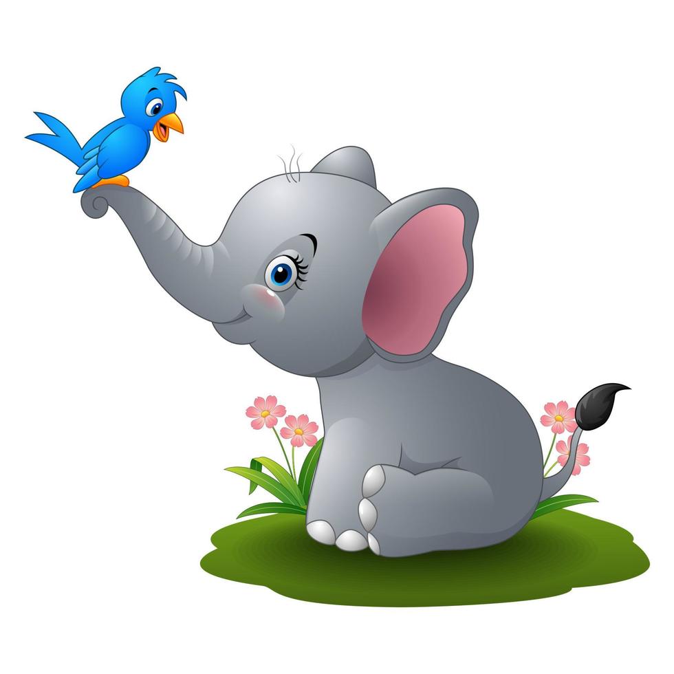 dessin animé bébé éléphant jouant avec un oiseau bleu vecteur