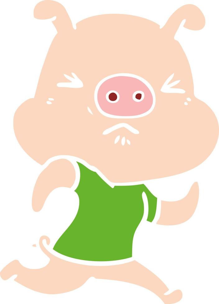 cochon en colère de dessin animé de style plat couleur portant un t-shirt vecteur
