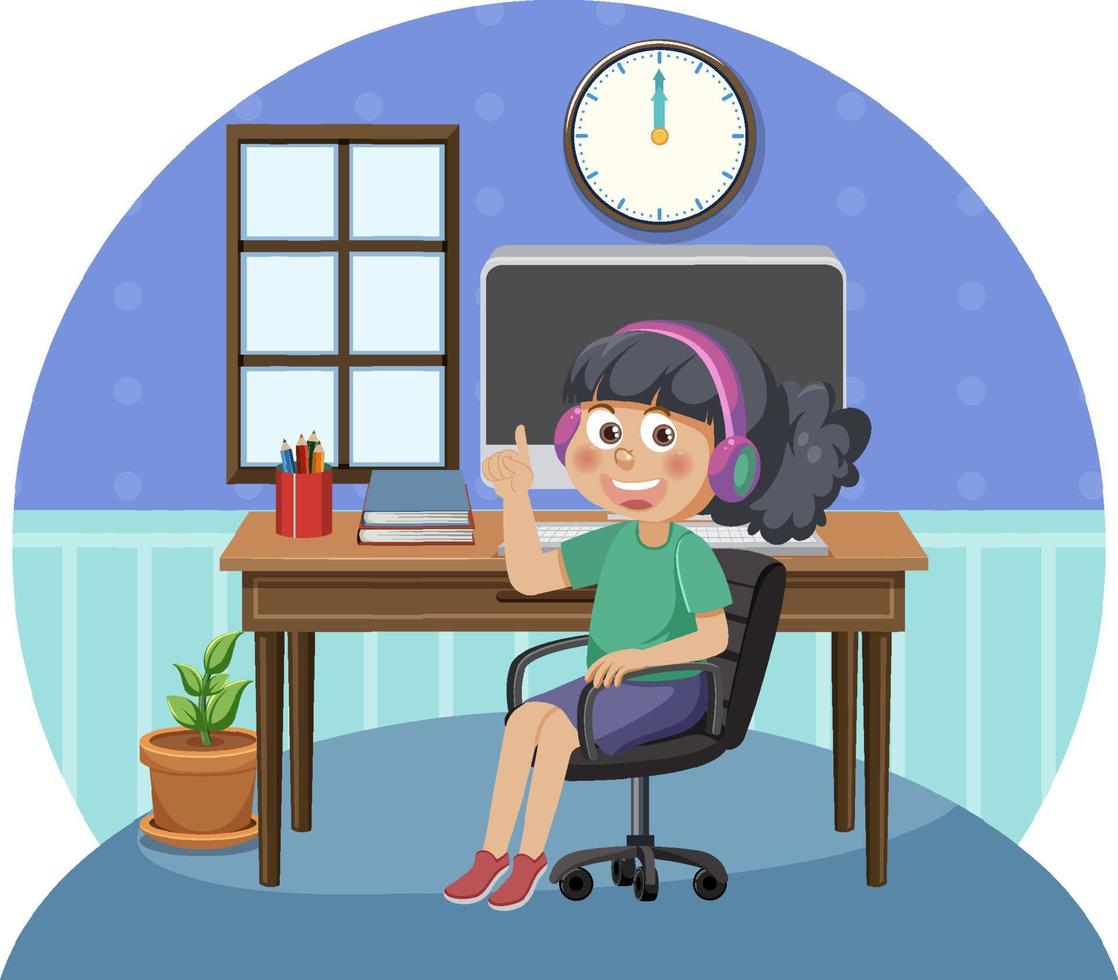 une fille assise devant un ordinateur vecteur
