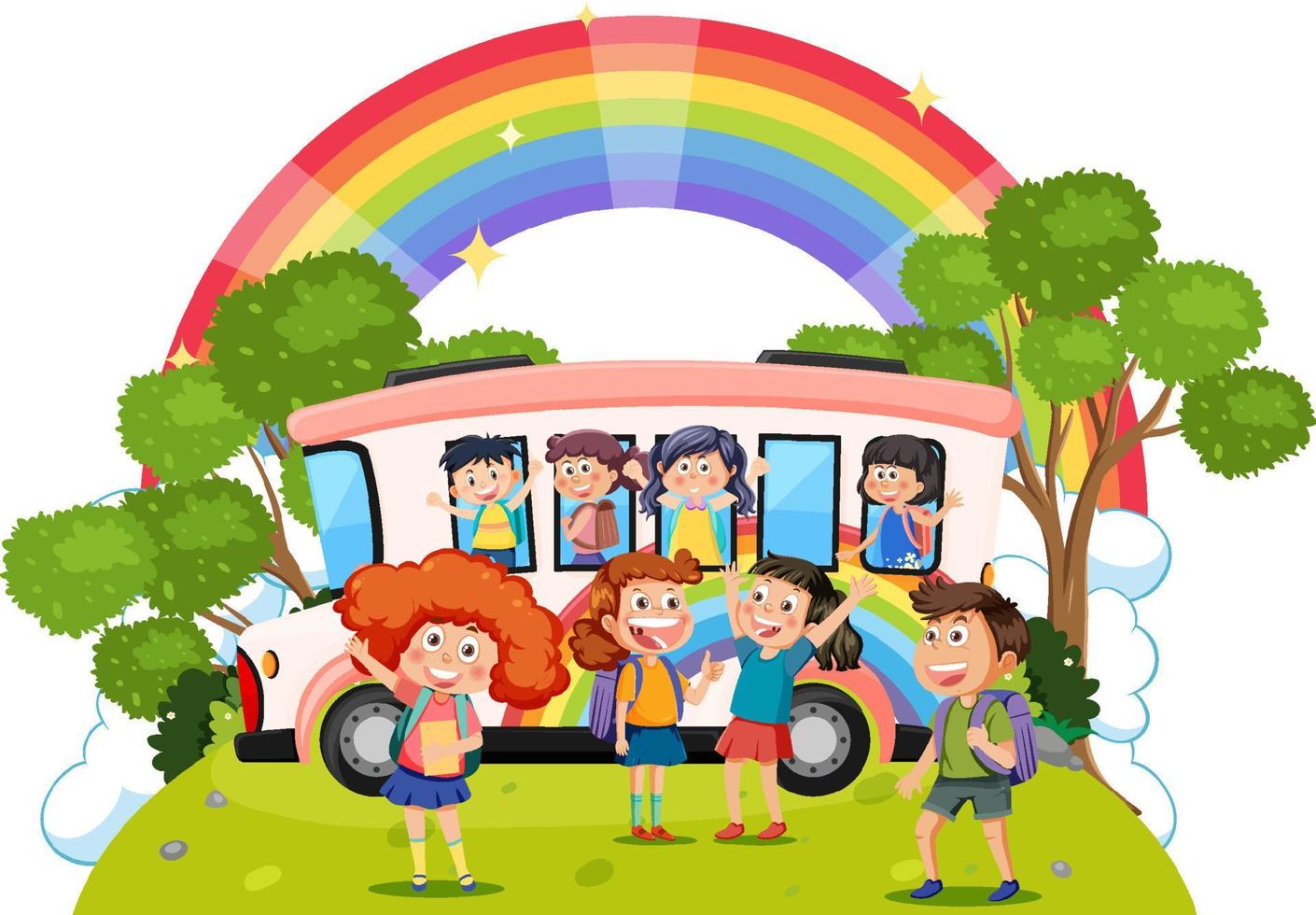 enfants avec autobus scolaire en style cartoon vecteur