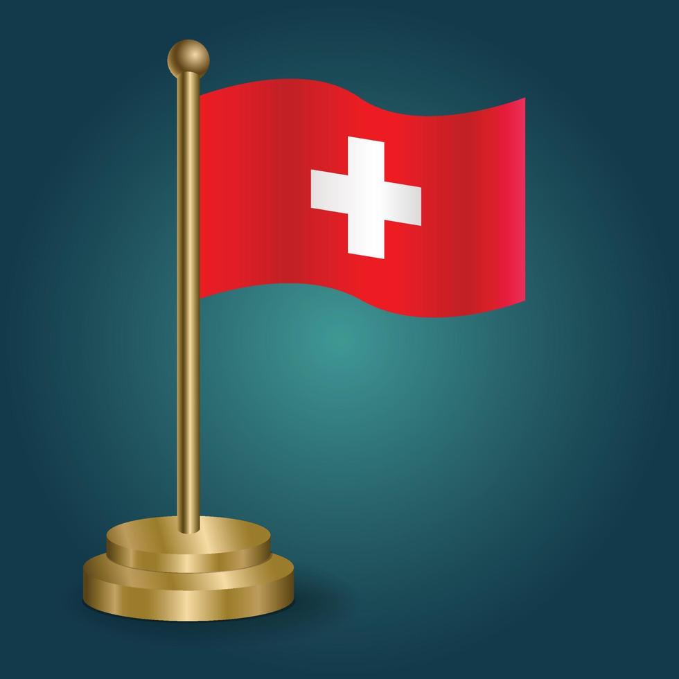 drapeau national suisse sur poteau d'or sur fond sombre isolé de gradation. drapeau de table, illustration vectorielle vecteur