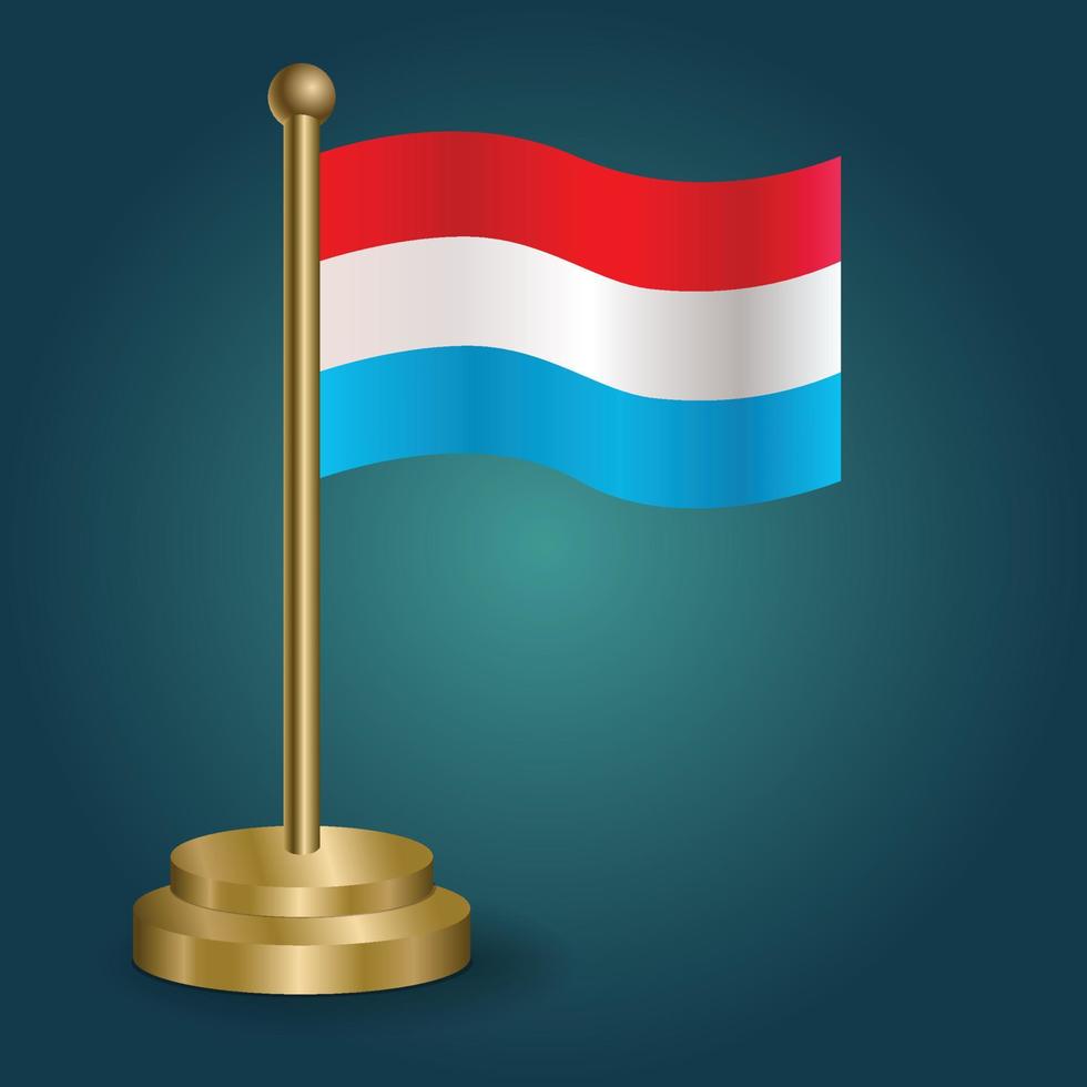 drapeau national luxembourgeois sur pôle doré sur fond sombre isolé de gradation. drapeau de table, illustration vectorielle vecteur