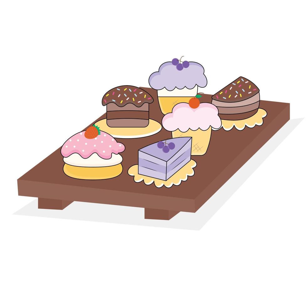 six types de gâteaux disposés sur un plateau vecteur
