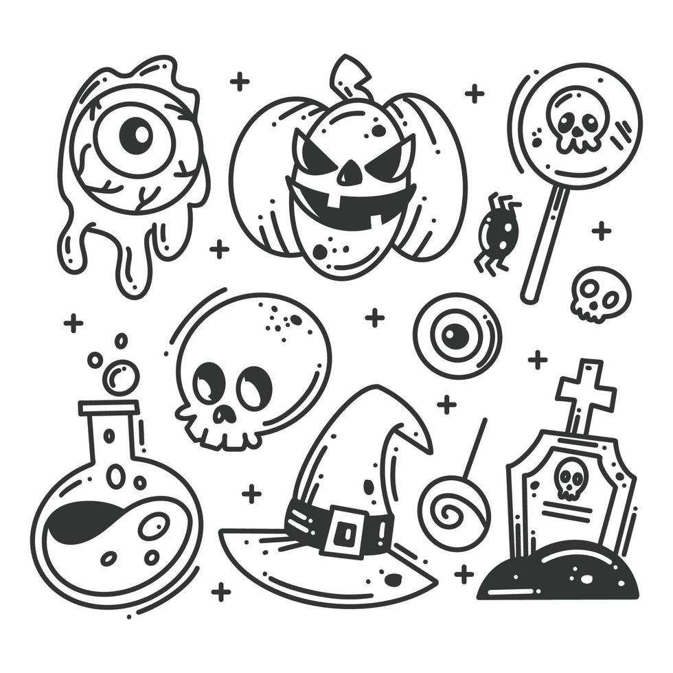 jeu d'icônes d'éléments joyeux halloween dessinés à la main vecteur