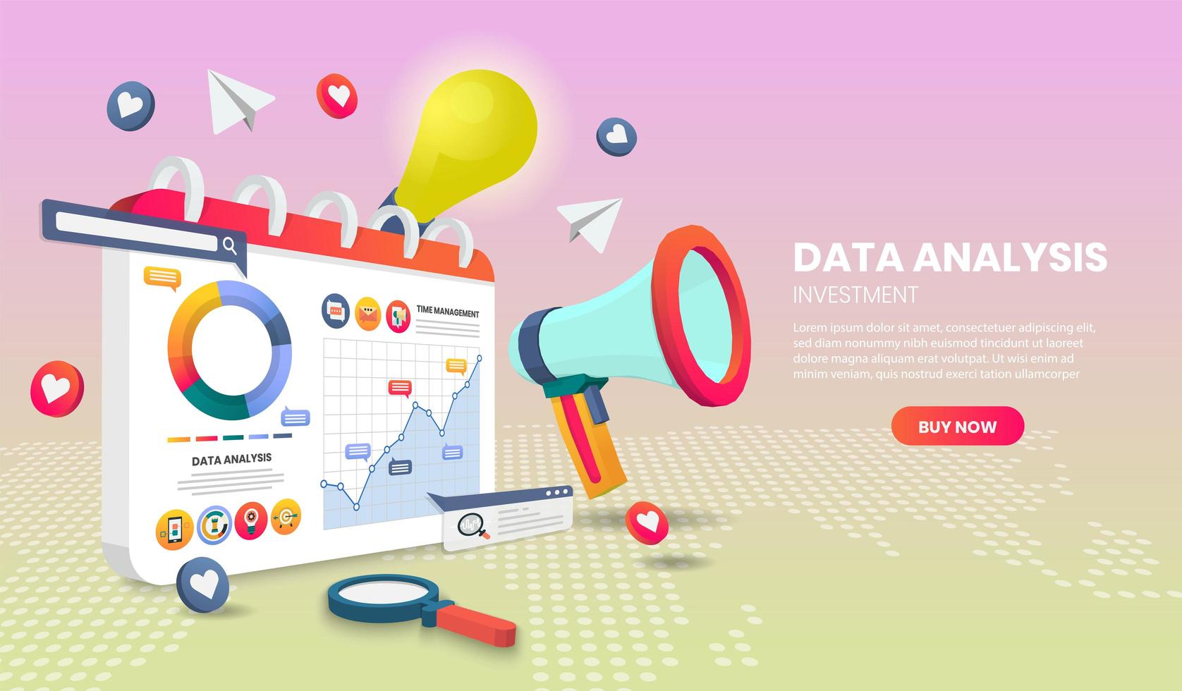 page de destination d'analyse de données avec mégaphone et graphique vecteur