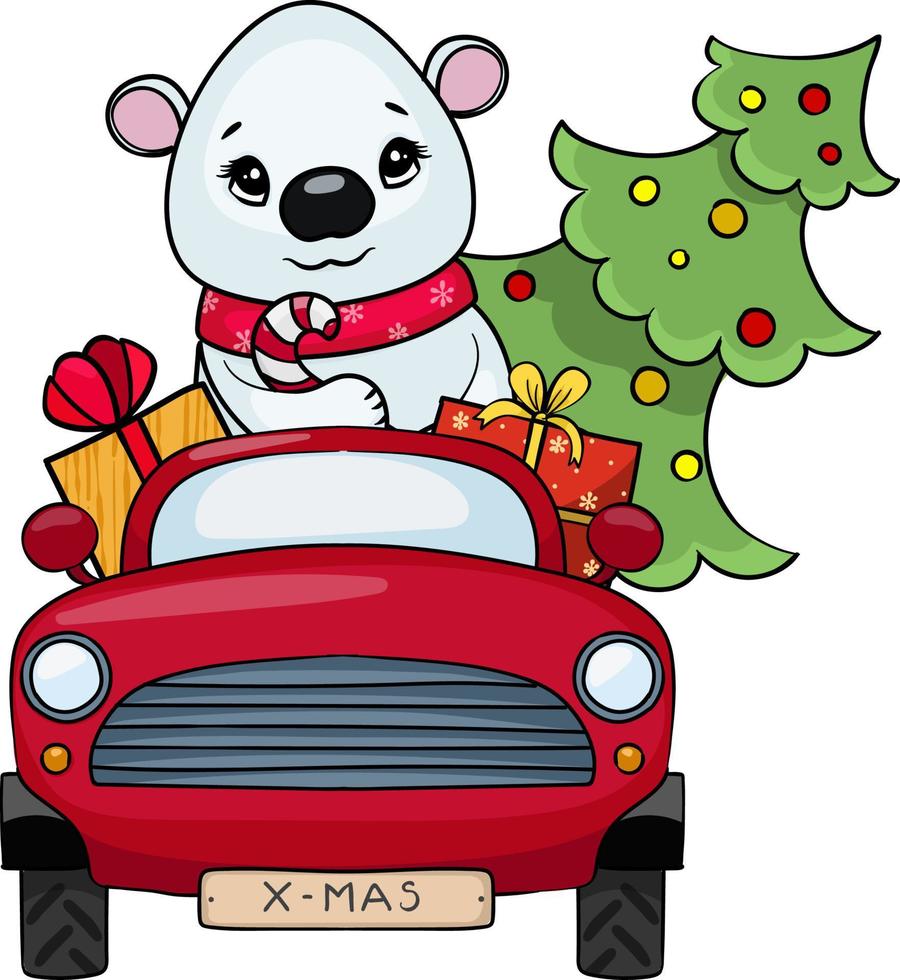 ours polaire monte dans une voiture rouge avec des cadeaux et un sapin de noël vecteur