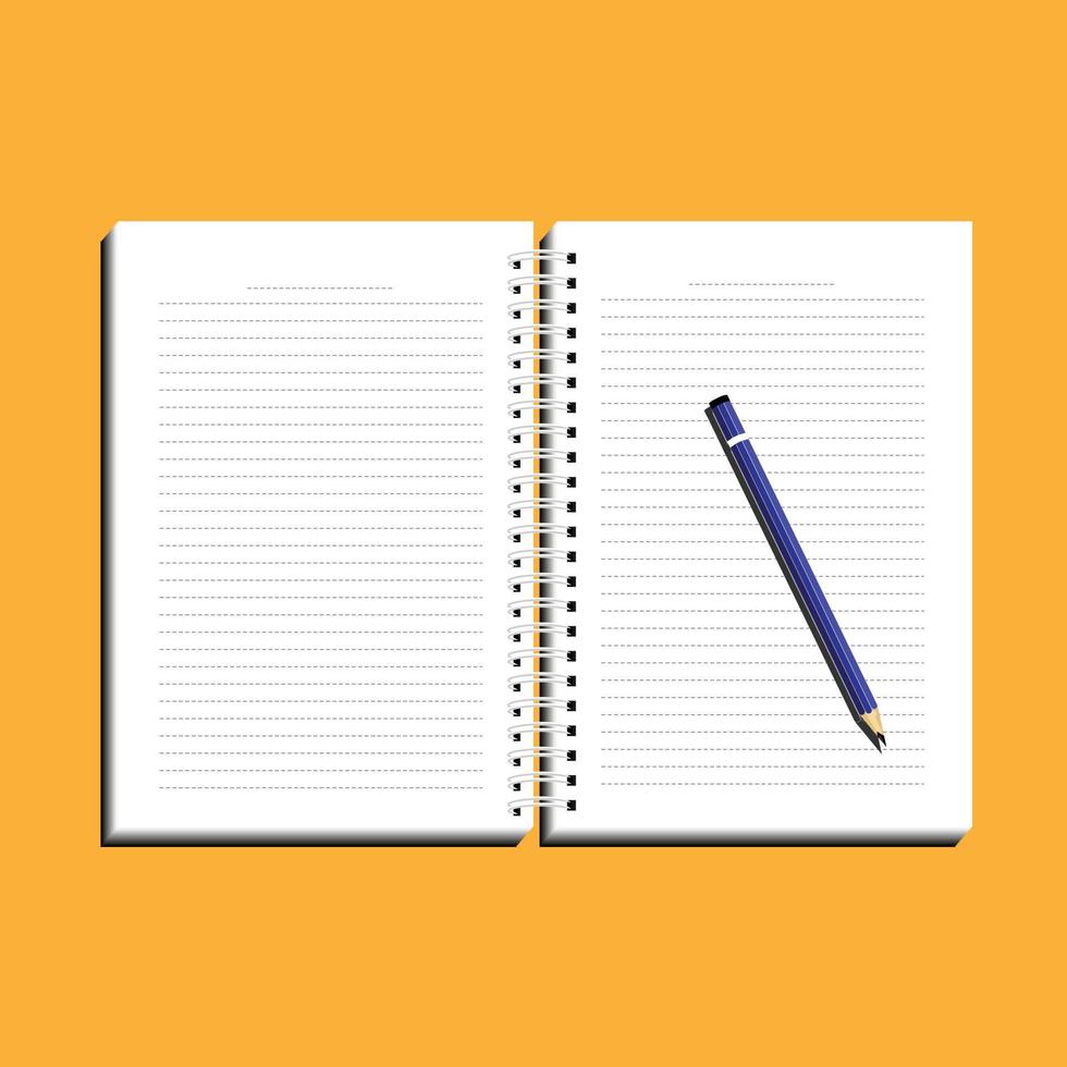 un cahier d'écriture ouvert avec des pages blanches lignées et un crayon bleu vecteur