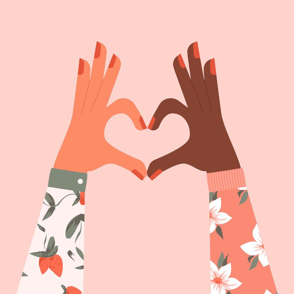 mains féminines multiraciales en forme de coeur vecteur