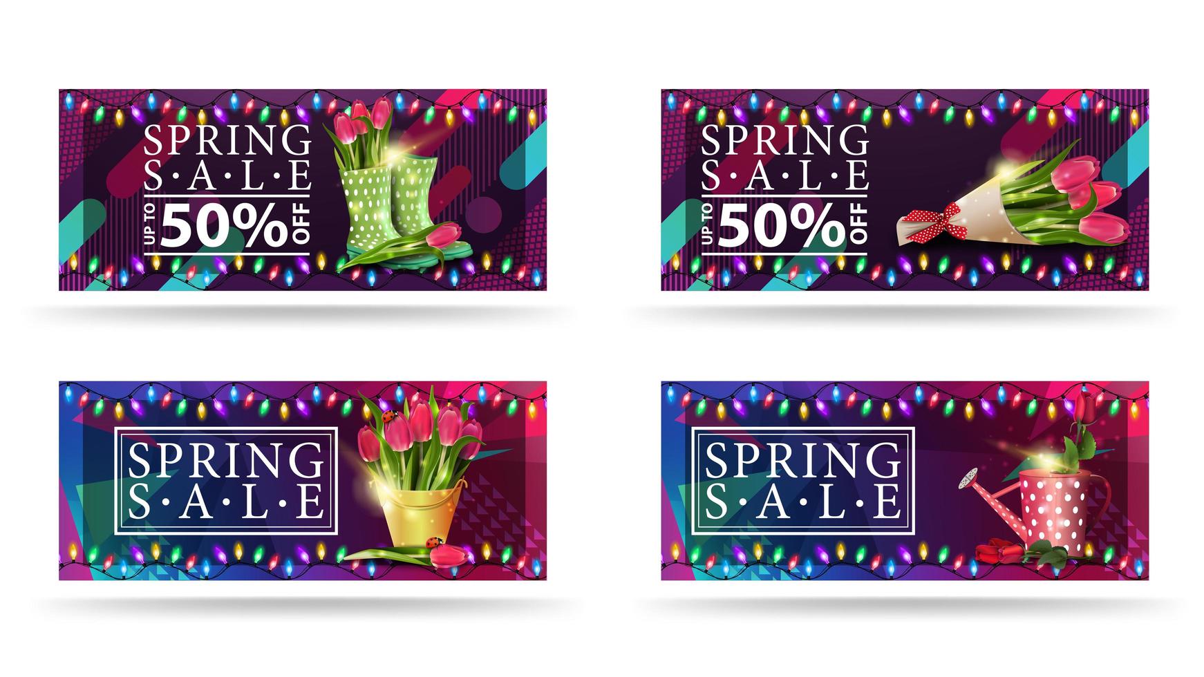 bannières de vente de printemps avec des fleurs et des lumières colorées vecteur