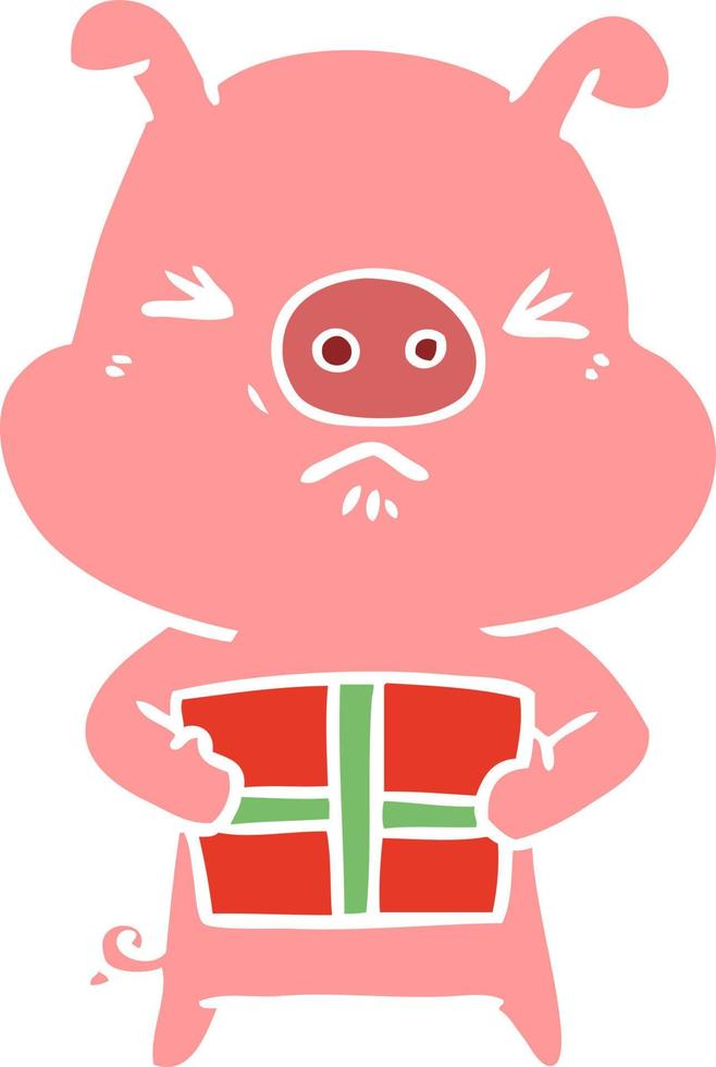 cochon en colère de dessin animé de style couleur plat avec cadeau de noël vecteur