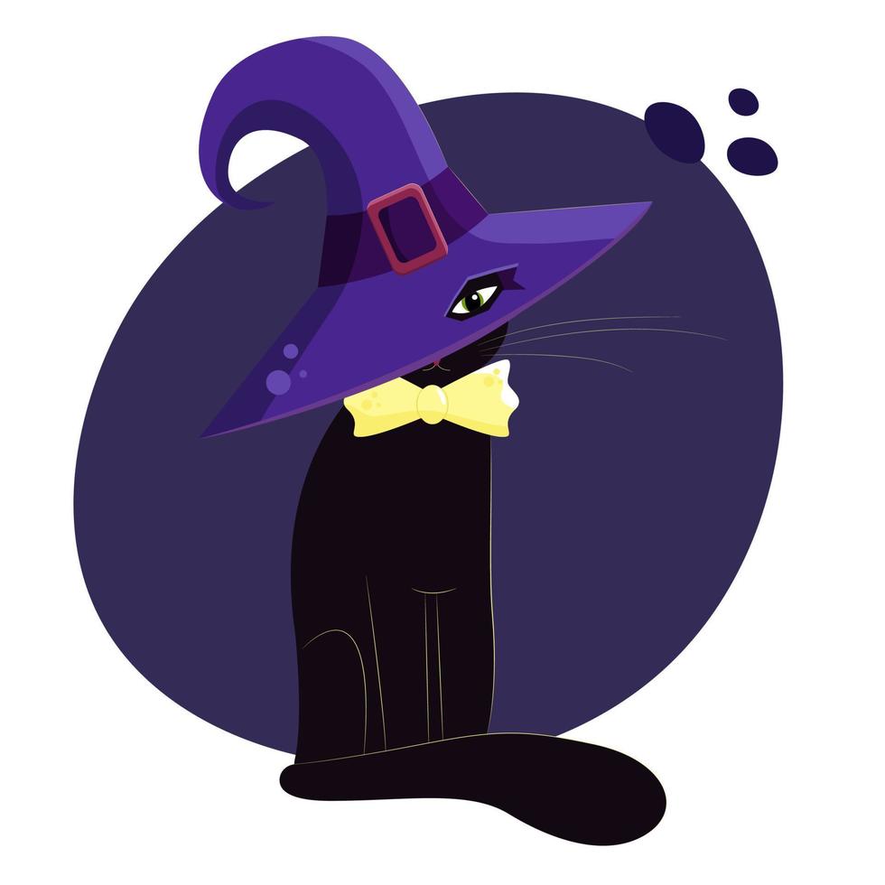 le chat d'halloween dessin animé noir plat dans le chapeau de sorcière aux yeux verts vecteur