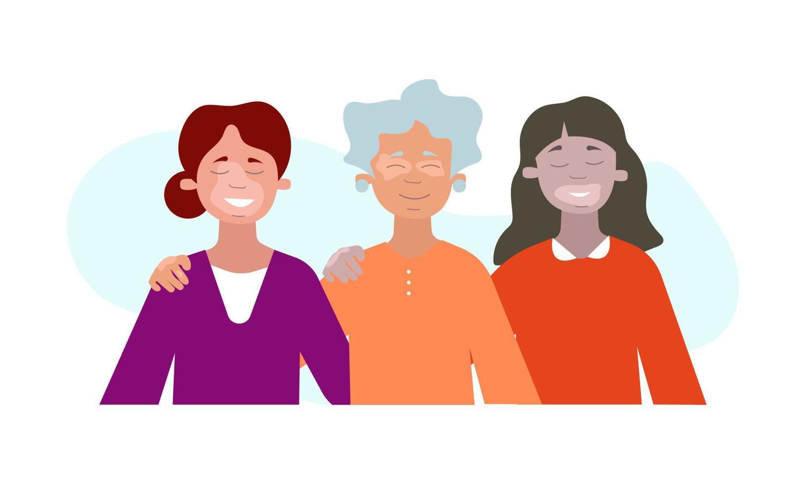 trois femmes atteintes de vitiligo sourient et s'embrassent. femme d'origine caucasienne, asiatique et africaine atteinte de vitiligo. illustration de dessin animé plat de vecteur. vecteur
