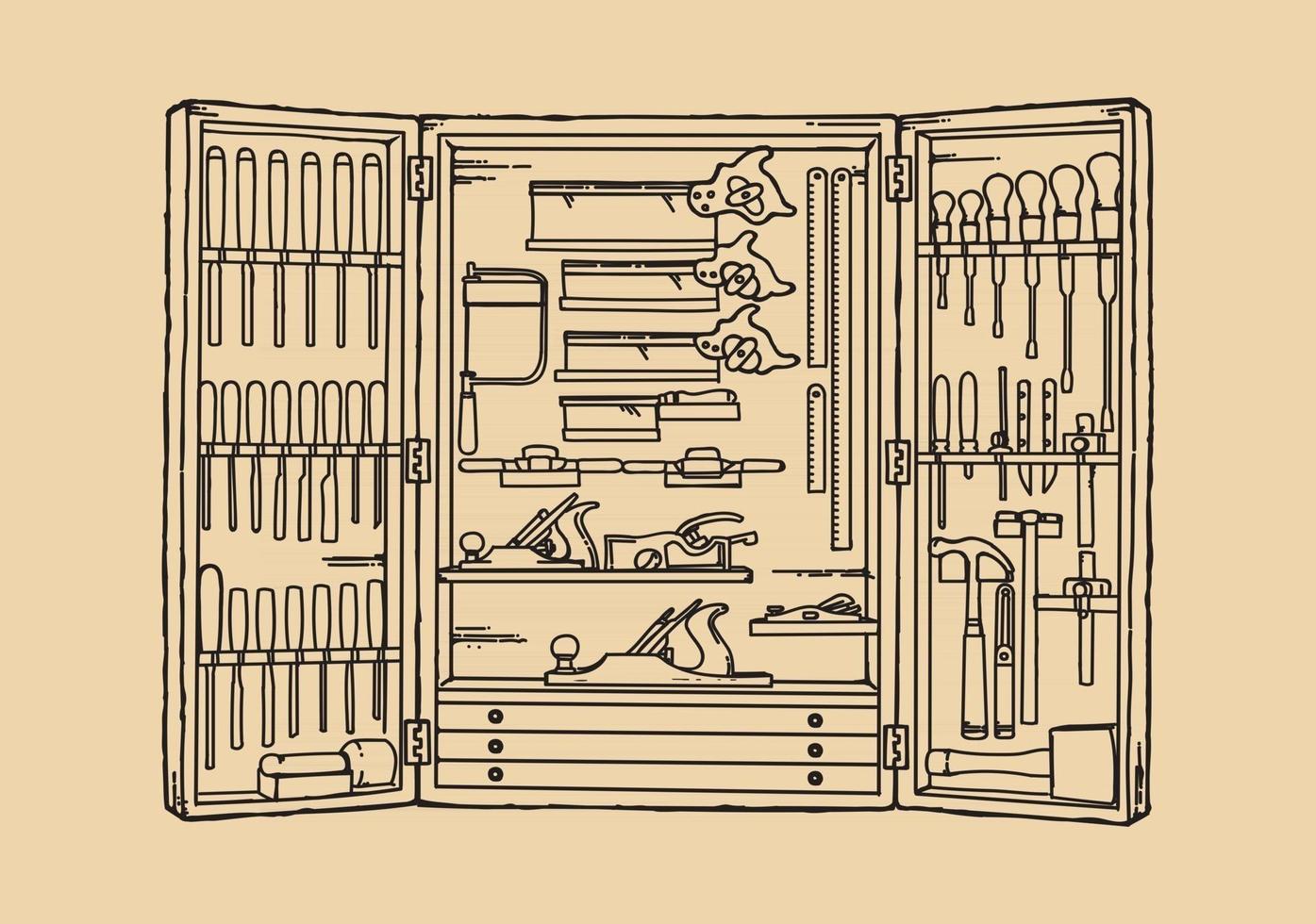 outils de menuiserie accrochés au mur dans l'illustration vectorielle de l'atelier bois. étagère d'armoire de boiserie sur le mur. vecteur