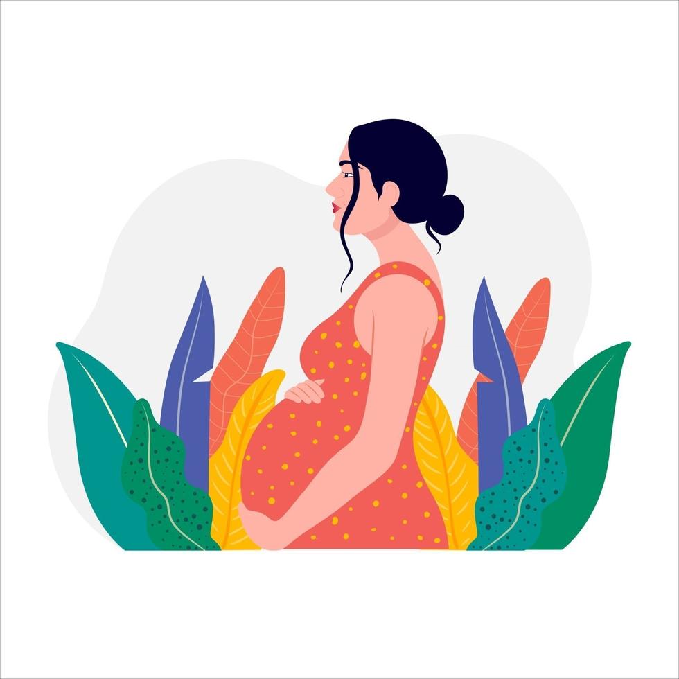 femme enceinte tient son ventre. ventre de grossesse avec kinesio taping, kinésiologie. maternité. nouveau née. vecteur