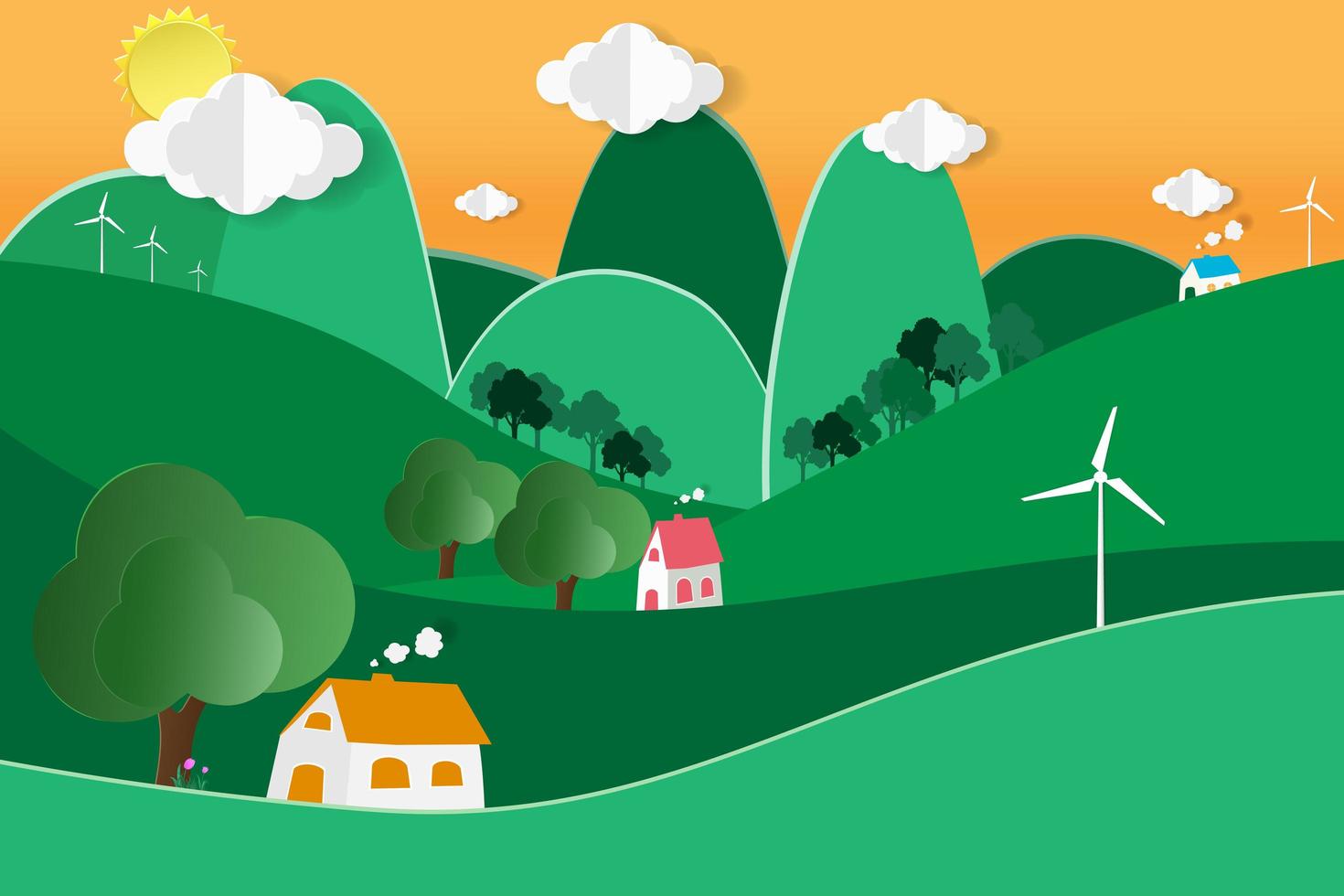 maisons dans les collines avec éolienne vecteur