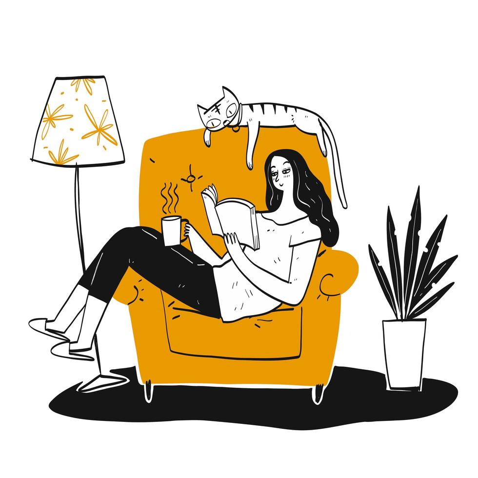 femme dessinée à la main, lisant un livre sur une chaise vecteur