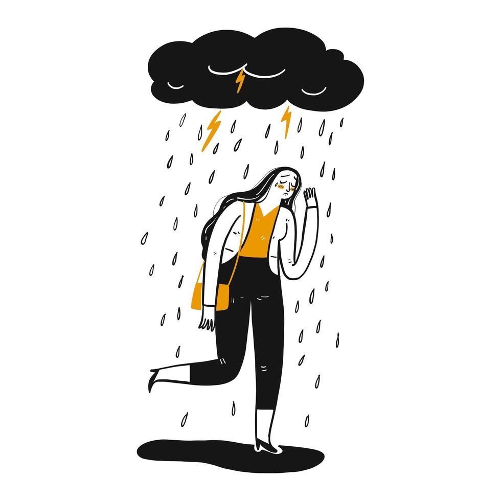 femme triste dessiné à la main sous les nuages vecteur