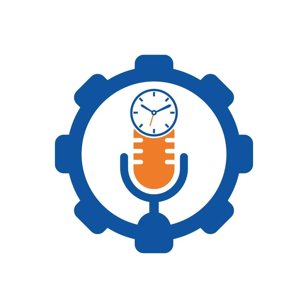 modèle de conception de logo vectoriel de concept de forme d'engrenage de temps de podcast. icône de conception de logo vectoriel d'horloge micro.
