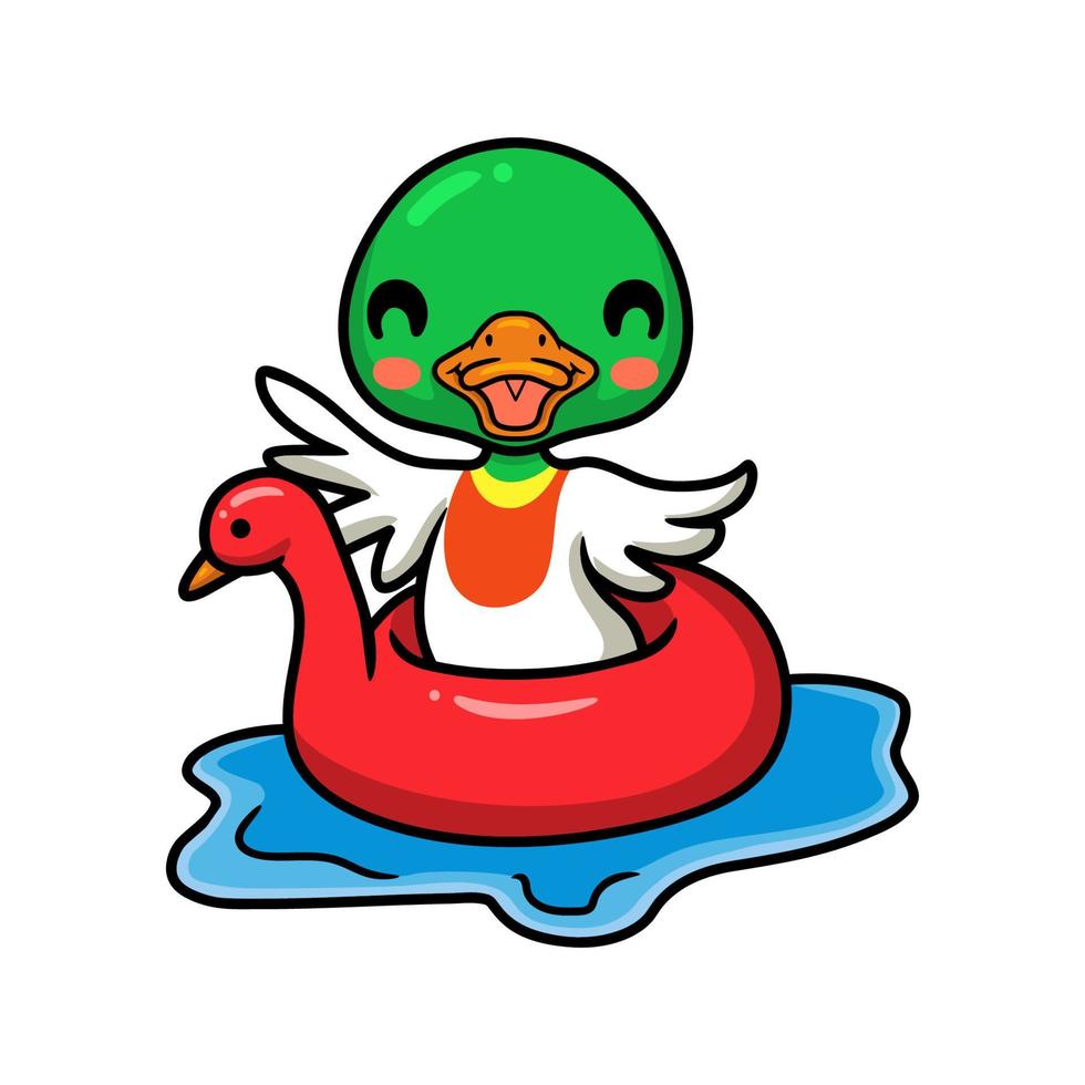 mignon petit dessin animé de canard flottant sur un anneau de piscine gonflable vecteur